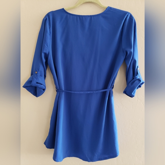 Royal Blue Cuffed Sleeve Blouse with Tie Front - Picture 4 of 6
